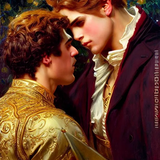 Image similar to attractive fully clothed king confesses his love for his attractive fully clothed male prince. highly detailed painting by gaston bussiere and j. c. leyendecker 8 k