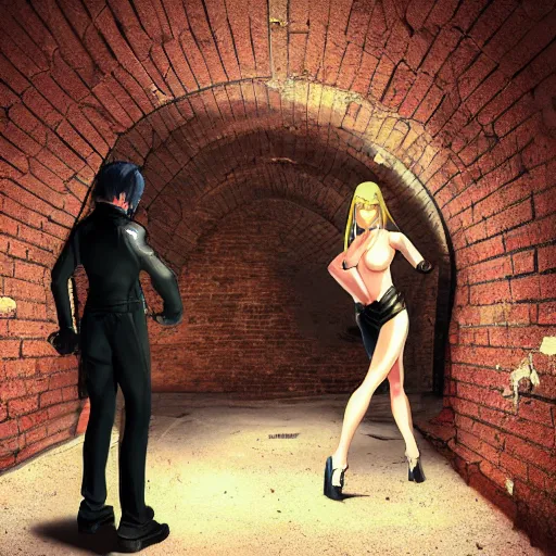 Prompt: a school boy being intimidated by a succubus in a leather suit, devi wings, cracked brick wall, long hallway, light at the end of the tunnel, volumetric lighting, concept art, detailed, dramatic lighting, by hayao miyazaki