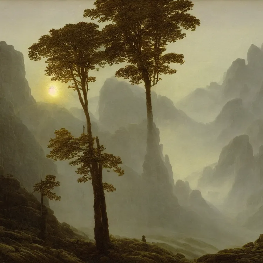 Image similar to highway road above the clouds, sharp rocky mountains, giant trees in the sky, colors, misty clouds, sun at dawn, brutalism, painting by caspar david friedrich