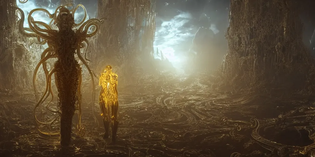 Prompt: a photo of 8k ultra realistic corrupted lovecraftian golden humanoid queen standing next to a spaceship window overlooking hell, 8 intricate white and gold tentacles, ornate white and gold armour, cinematic lighting, trending on artstation, 4k, hyperrealistic, focused, high details, unreal engine 5, cinematic, masterpiece
