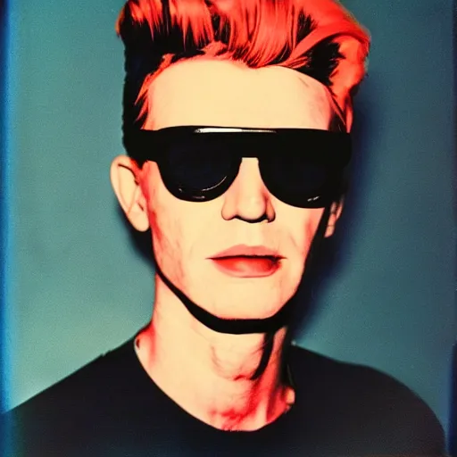 Image similar to Colorized Stylistic Portrait of Andy Warhol with shutter shades and a high top fade pompadour fade short hairstyle, taken in the 1970s, photo taken on a 1970s polaroid camera, grainy, real life, hyperrealistic, ultra realistic, realistic, highly detailed, epic, HD quality, 8k resolution, body and headshot, film still, front facing, front view, headshot and bodyshot, detailed face, very detailed face