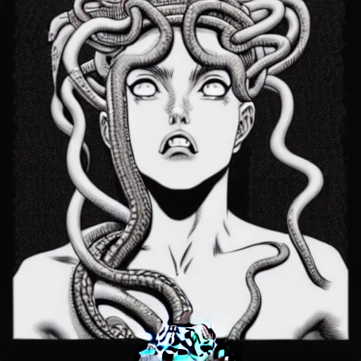 Image similar to rounded frame of head of medusa from greek mythology wearing snakes in place of hair, in berserk manga, angelina jolie face smiling seductive expression, big snakes heads with open mouth, manga drawing, by kentaro miura
