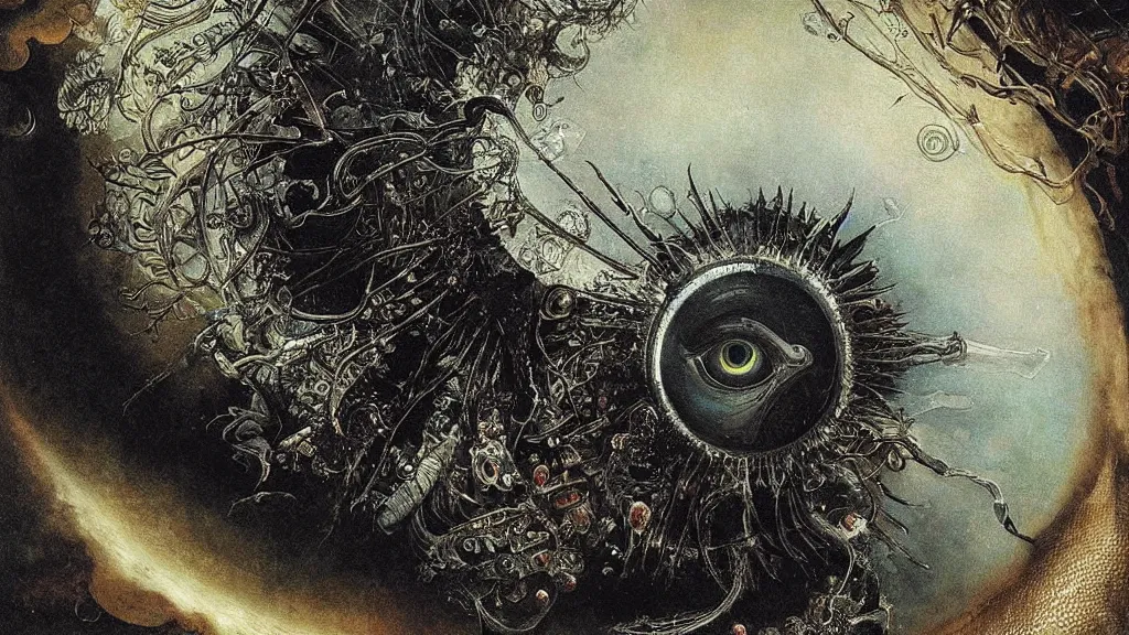 Prompt: a beautiful dreamy painting of a coronavirus inside a broken television screen, evil eye, dark, sinister, detailed, high contrast, art by Ernst Haeckel and Greg Rutkowski