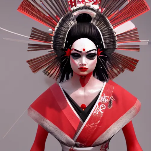 Prompt: geisha warrior ornated armor war paint, detailed, jewelry, sakura,photograph, award wining, red and white, trending on artstation, 4k, unreal engine 5, octane render, neon highlights