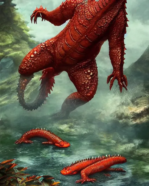 Image similar to Godzilla-like game character beautiful giant kaiju sized pond dragon half fish half salamander, wet amphibious skin, red salamander, axolotl creature, koi pond, korean village by Ruan Jia and Gil Elvgren, fullbody