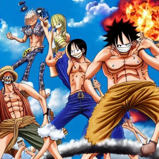 Prompt: realistic photo of all one piece character fighting in a theater , cinema