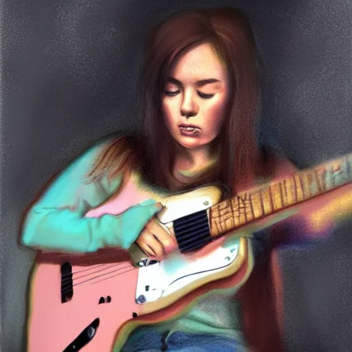 Image similar to women playing guitar, televisions, artstation, photoreal cinema still, pastel in the style of bruce weber