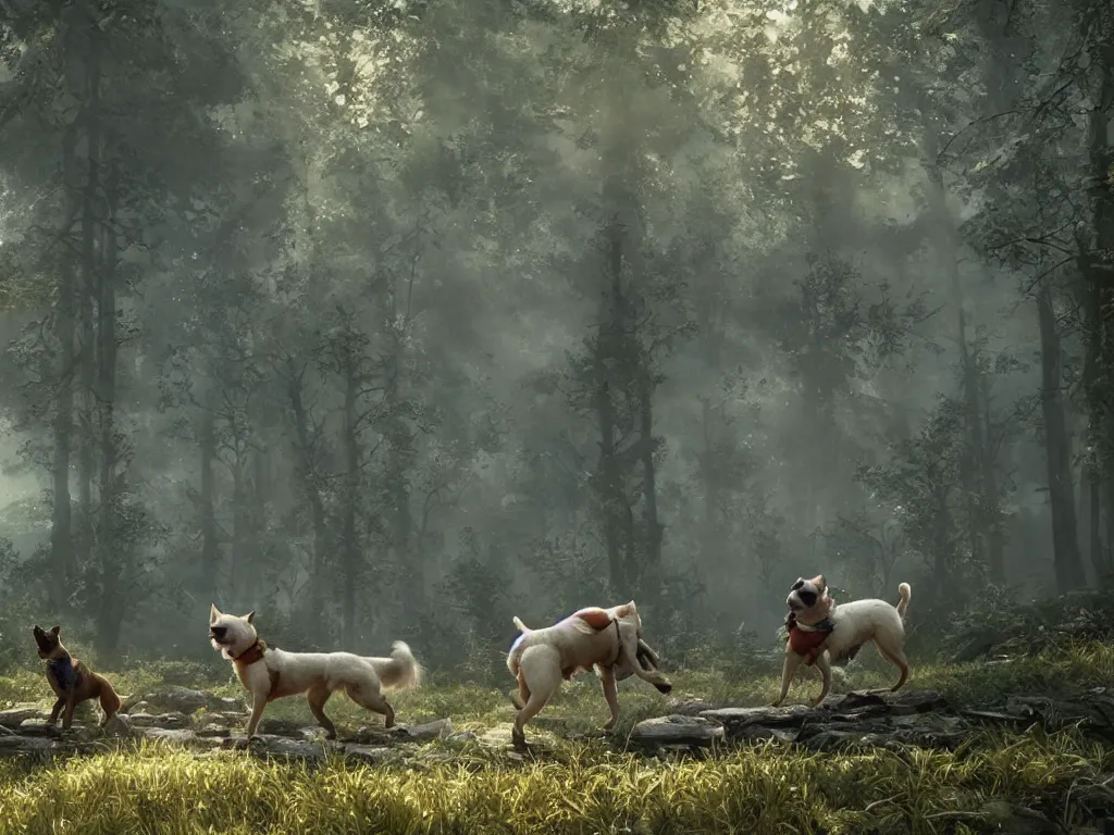 Image similar to dogs crossing empty forest, unreal engine 5, art by artgerm and greg rutkowski and alphonse mucha, global illumination, detailed and intricate environment, hyperrealistic, volumetric lighting, epic cinematic shot, perfectly defined features, ambient occlusion