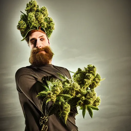 Image similar to personification of marijuana, award winning professional photography, epic high fantasy, high times, 8 k