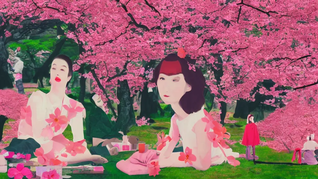 Image similar to close - up of a young pretty woman in a small group of people, a flower viewing picnic sakura, japan, a collage painting, in the style of wes anderson, lola dupre, david hockney, isolated on negative white space background dark monochrome neon fluorescent spraypaint accents volumetric octane render