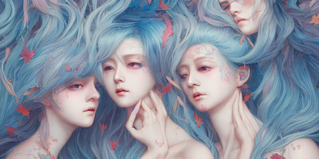 Prompt: breathtaking detailed concept art painting pattern with gradient pastel colors of blue hair faces goddesses amalgamation autumn leaves with anxious piercing eyes, by hsiao - ron cheng and james jean, bizarre compositions, exquisite detail, 8 k