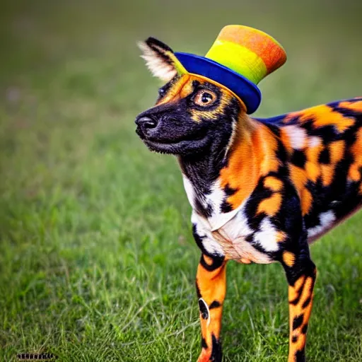 Image similar to A photo of the world's greatest showman: the african painted dog dressed in a hat!