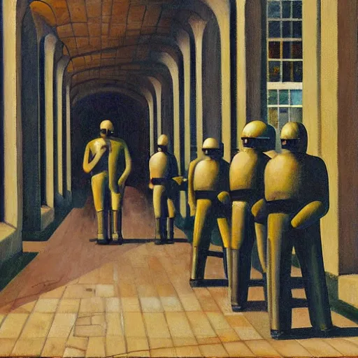 Image similar to drab workers wearing gas masks walking along cloisters, watched by fascist robots, brutalist courtyard, dystopian, pj crook, edward hopper, oil on canvas