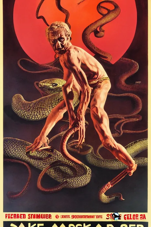 Prompt: poster for the 1 9 7 1 movie'snake'er up ', directed by federico fellini, starring donald sutherland and uncle aloysius, art direction by wayne barlowe, glenn fabry and frank frazetta, cinematography by robby muller ), crisp