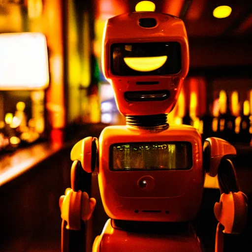 Image similar to a close up photograph of a robot crying alone at a bar, 40mm lens, focused