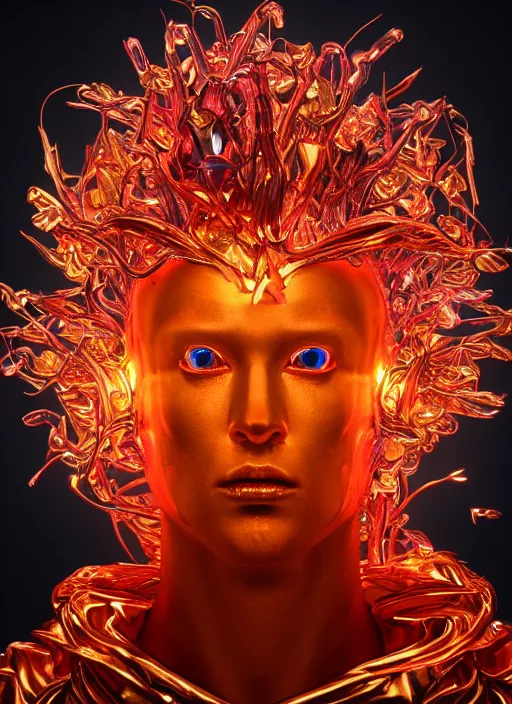 Image similar to hyper detailed ultra sharp portrait of baroque and bladerunner delicate neon ruby sculpture of seductive albino primce royce tigers orange iridescent humanoid deity wearing metallic hoody made out of leaves holding the sun prismatic dungeon, glowing rainbow face, crown of white diamonds, cinematic lighting, photorealistic, octane render 8 k depth of field 3 d