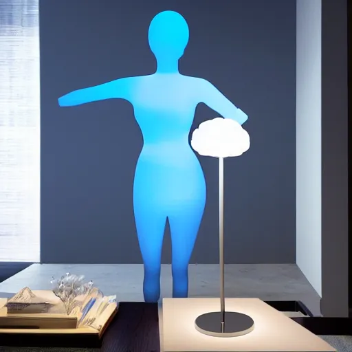 Image similar to a large modern new concept lamp blue florescent light, shape inspired by the woman body, placed in a living room, home design magazine, pencil 3d sketch, HD resolution