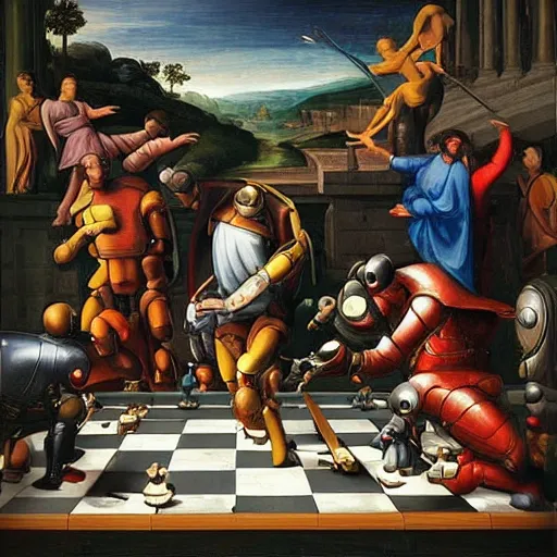 Image similar to “a vivid renaissance painting of the heroic final battle between a dull man in a grey suit and a bionic cyborg robot, the fight is happening on a life sized chessboard.”