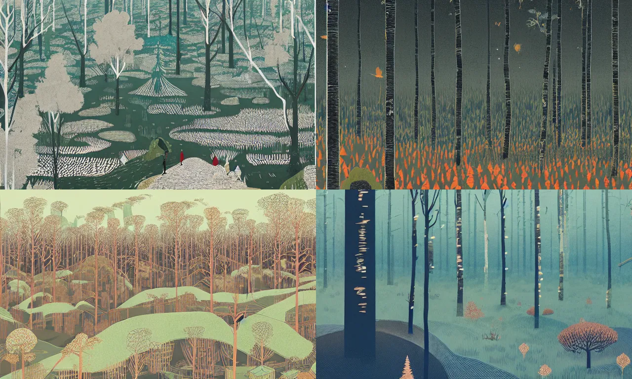 Prompt: Plateau and birch forest, by Victo Ngai and Jakub Rebelka