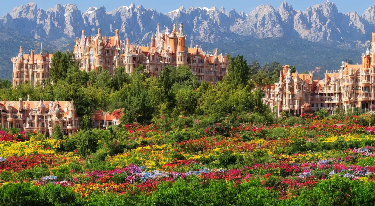 Image similar to a manor designed by Antoni Gaudí, with flower fields as foreground, with mountains as background