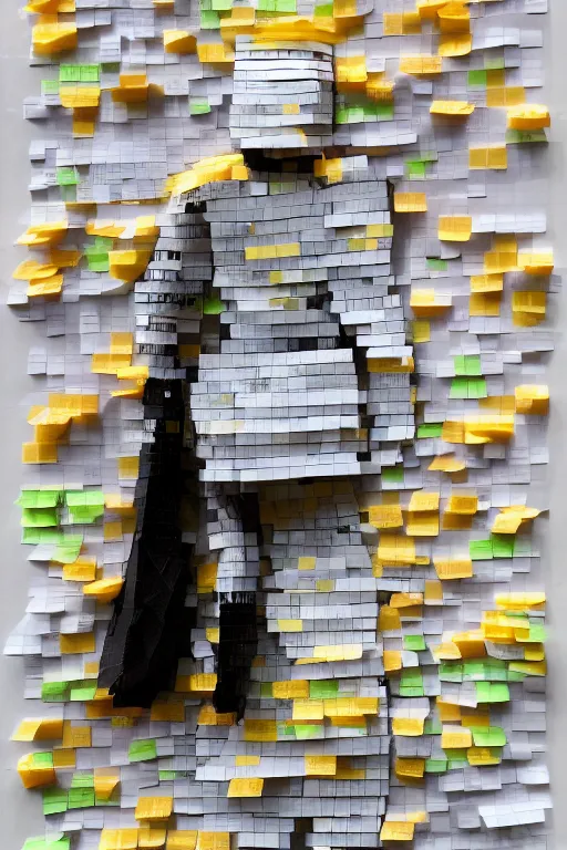 Prompt: female adventurer in tight full - body sticky note armor made out of several hundred sticky notes and a white porcelain crow mask, trending in artstation, japanese, artstation, establishing shot