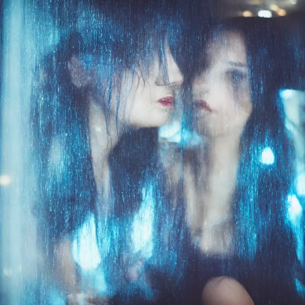 Image similar to beautiful over the shoulder photograph of a woman with dark-blue hair sitting in a bedroom next to a window on a rainy night, outside are neon lights from a busy city, award winning photo, artstation, atmospheric, high detail 1024