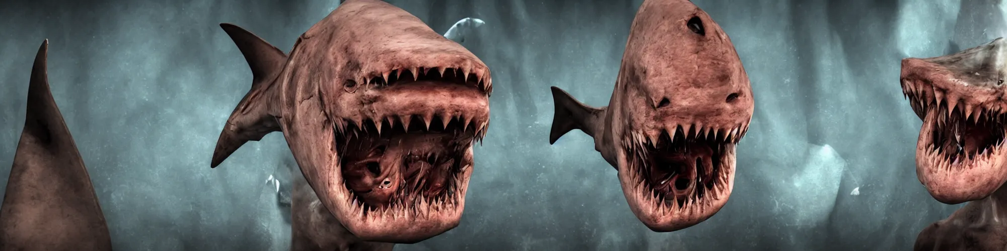 Image similar to A human with shark head made of muscles and flesh, very angry, teeth, ambient light, terror, glows, realistic, photo-realism, hyper realism, picture, detailed, 3D render, scary, distant shot, in the distance,