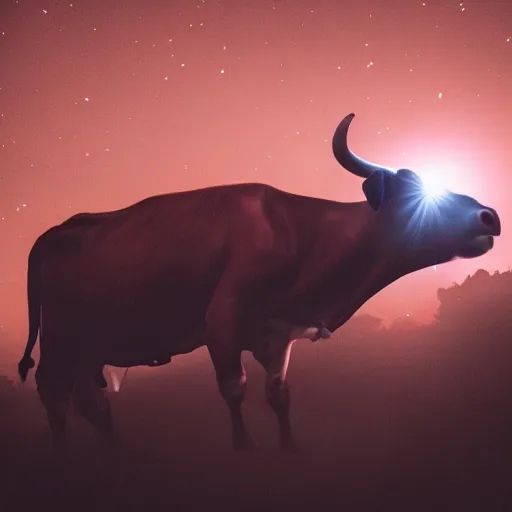 Image similar to closeup, a cow flying at night, flashlight, creepy, cinematic dramatic atmosphere, smooth, sharp focus, cinematic shot, movie scene, horror movie