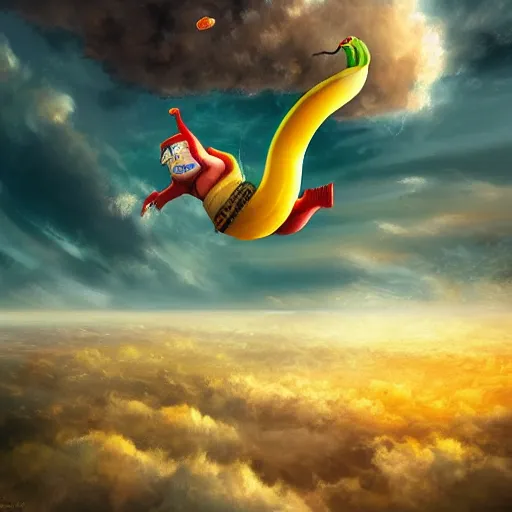 Image similar to a stunning wide angle view a banana jumping from a cliff into space, highly detailed clouds, artistic composition, sharp focus, intricate concept art, digital painting, colorful flat surreal design, hd, 8 k, artstation, ambient lighting