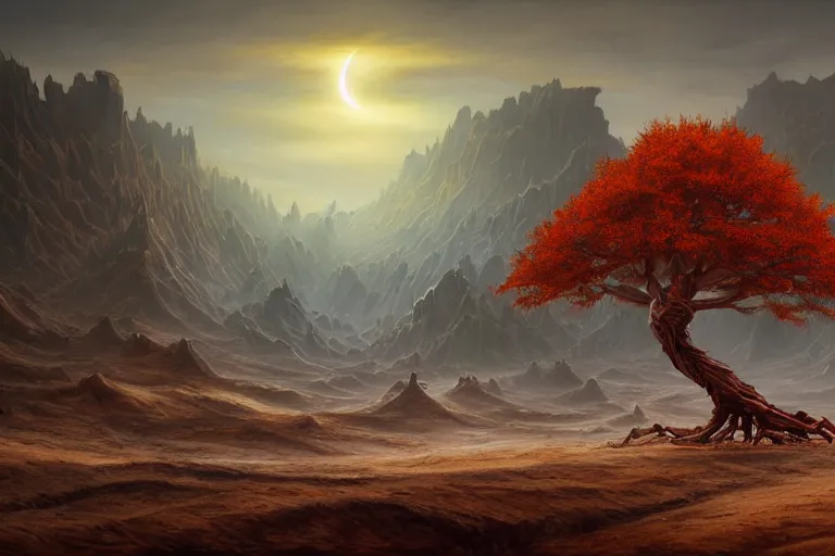 Image similar to cinematic fantasy landscape painting by jessica rossier, primordial and cosmic, desert valley of bones, an eclipse, over an autumn maple bonsai growing alone that is yggdrasil, on a desolate sand dune hr giger