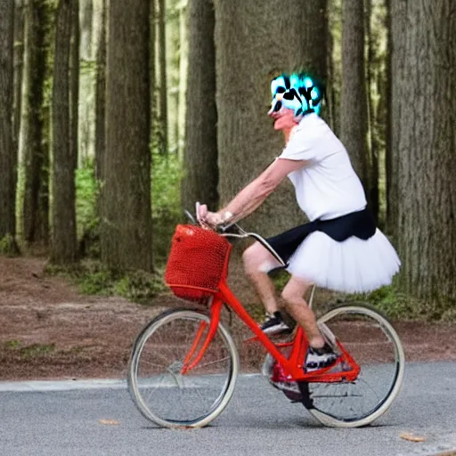 Image similar to joe biden wearing a tutu, riding a bike in the forest