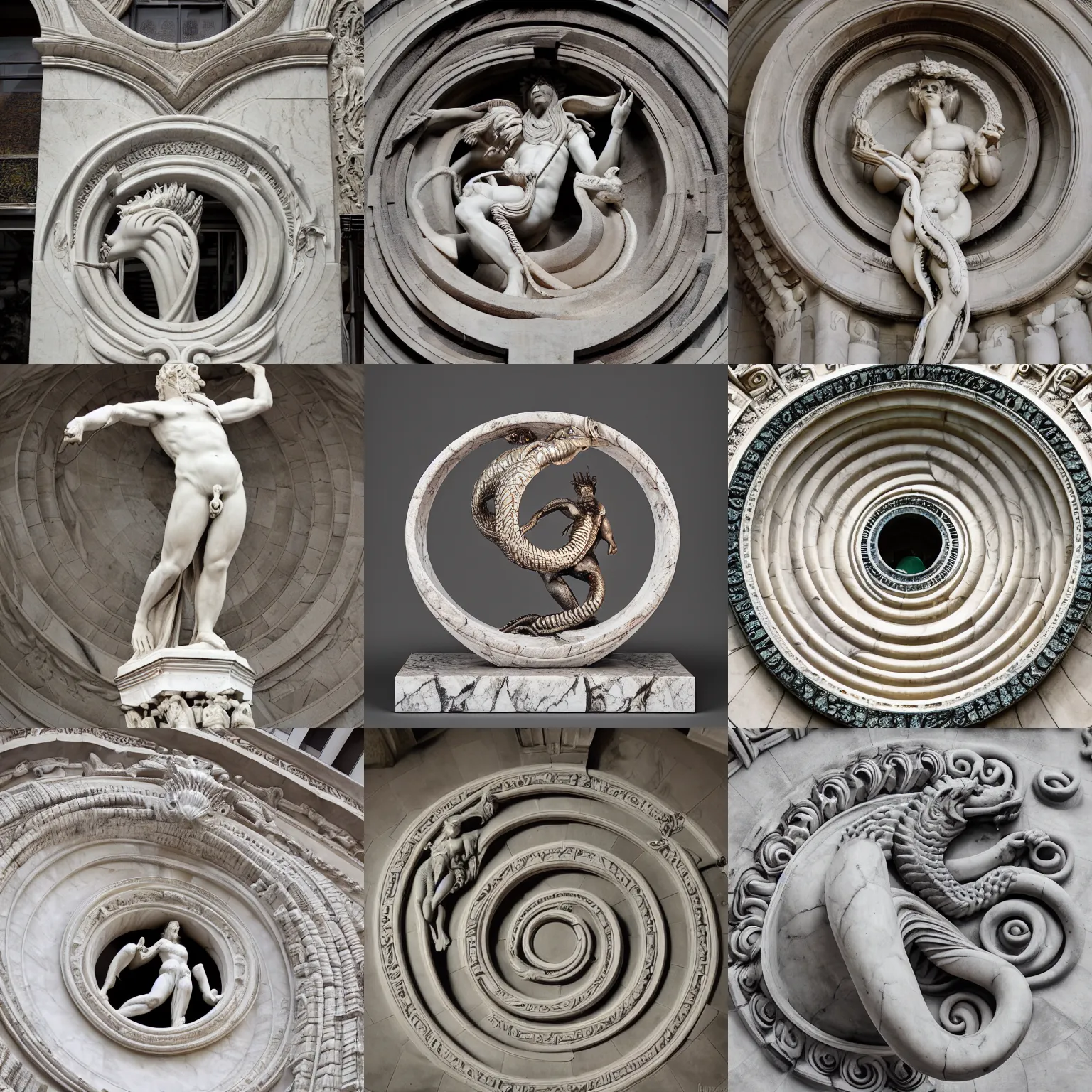 Prompt: giant and intricate marble statue of ouroboros, professional photography, dramatic