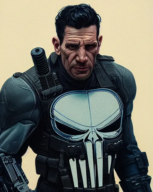 Image similar to highly detailed vfx portrait of the punisher as terminator, stephen bliss, unreal engine, greg rutkowski, loish, rhads, beeple, makoto shinkai and lois van baarle, ilya kuvshinov, rossdraws, tom bagshaw, alphonse mucha, global illumination, detailed and intricate environment