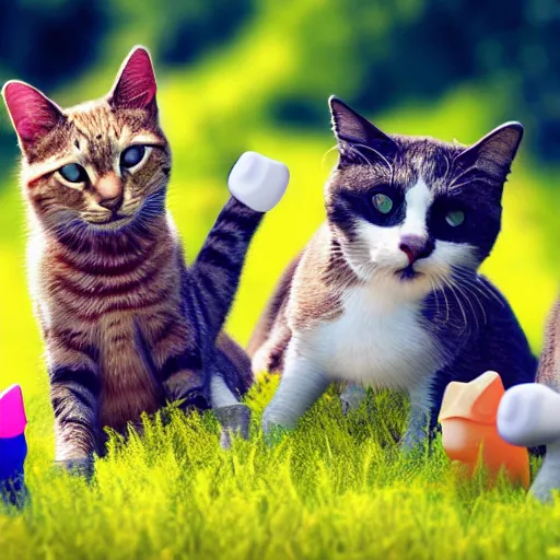 Prompt: color still of a group of cats playing with toy mice, grassy field, high detail, bright sunny day, photorealistic