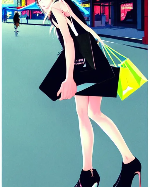 Image similar to cute girl wearing high heel with shopping bags, neon street. | very very anime!!!, fine - face, audrey plaza, realistic shaded perfect face, fine details. anime. very strong realistic shaded lighting poster by ilya kuvshinov katsuhiro otomo ghost, magali villeneuve, artgerm, jeremy lipkin and michael garmash and rob rey