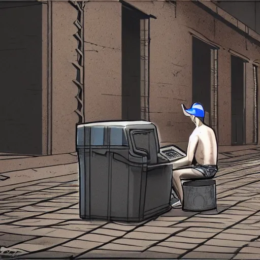 Prompt: a bum using laptop near trashcans, concept art, highly detailed, intricate, sharp focus, digital art, 8 k