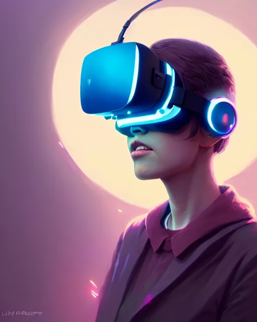 Image similar to highly detailed vfx portrait of a character wearing a vr headset, stephen bliss, unrealengine, greg rutkowski, loish, rhads, beeple, makoto shinkai and lois van baarle, ilya kuvshinov, rossdraws, tom bagshaw,