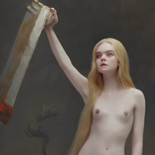 Image similar to oil Painting of Elle Fanning in Dark Souls opening an orange Oblivion portal, long blonde hair, delicate, pale milky white porcelain skin. 8K. Extremely detailed.