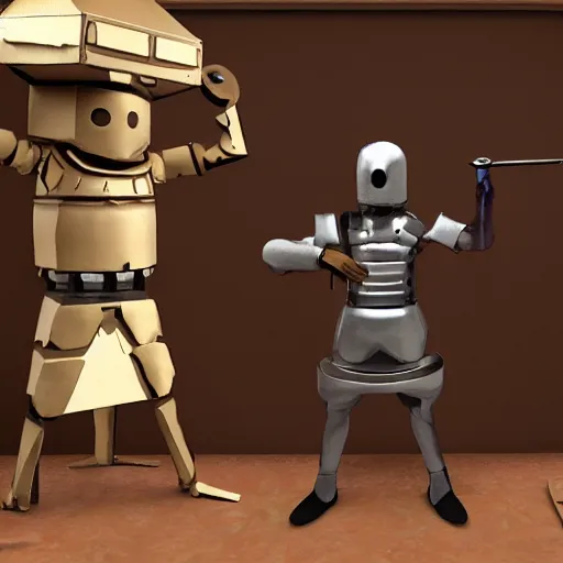 Image similar to hyperrealistic, cardboard boxman with cardboard armor, wielding a cardboard sword inside a kitchen, cabinets, stove