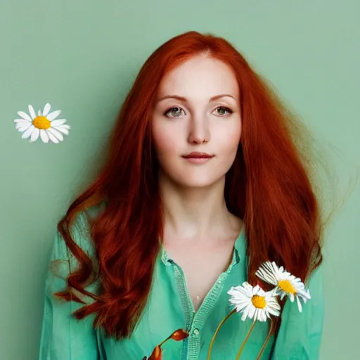 Prompt: a closeup portrait of slim, young woman, long straight red hair, holding a bouquet of daisies, she is looking down, soft mint green backdrop