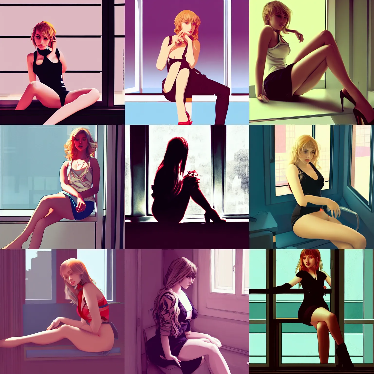 Prompt: caylee cowan, sitting down and leaning against the window, in the style of ilya kuvshinov
