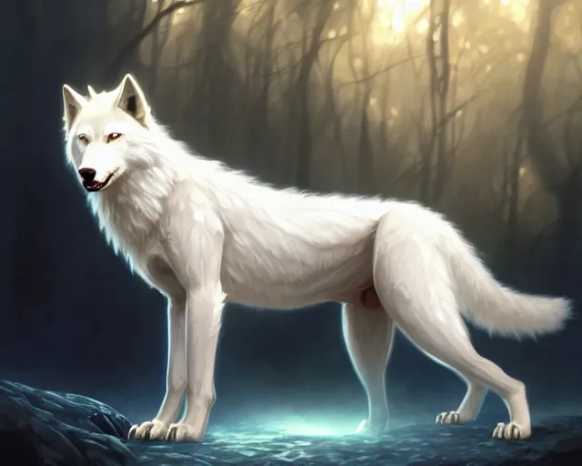 Prompt: full body albino wolf with blue eyes, backlight, rim lighting, deep focus, d & d, fantasy, intricate, elegant, highly detailed, digital painting, artstation, concept art, matte, sharp focus, illustration, hearthstone, art by artgerm and greg rutkowski and alphonse mucha