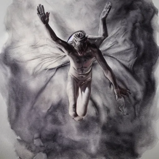 Prompt: the devil being cast down from heaven charcoal and water color masterpiece painting, hyperrealism, 4 k