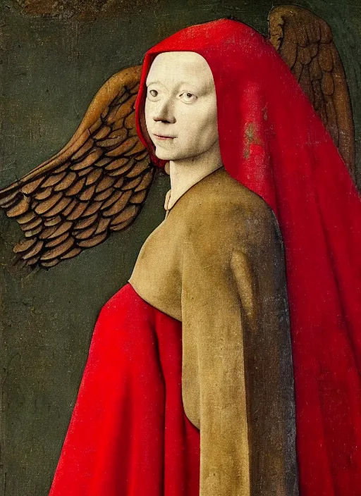 Image similar to profile of a fallen angel dressed in red with wings by Jan van Eyck, Hieronymus Bosch, Johannes Vermeer 4k post-processing, highly detailed medieval painting