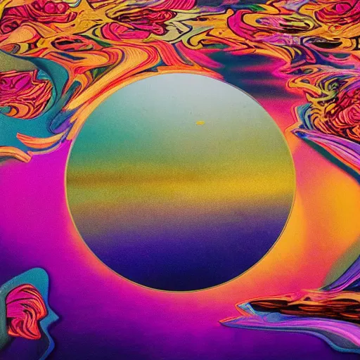 Image similar to a vintage album cover of a trippy lake surrounded by abstract flowers, an arch emerging from the water made of golden fabric, thin - film interference