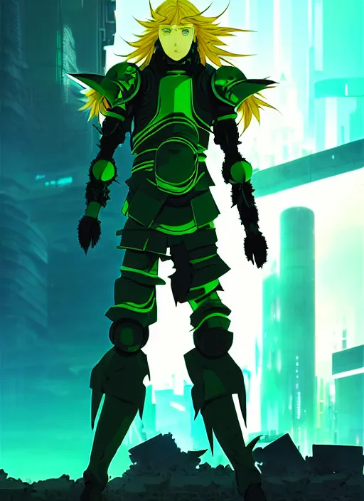 Image similar to a striking cinematic anime full body portrait of a male warrior with long blonde hair and blue eyes wearing evil green spiked cyberpunk armour and standing in the desolate burning ruins of a futuristic city by hirohiko araki and beeple, fine details, digital art, character concept art, volumetric lighting, cinematic light