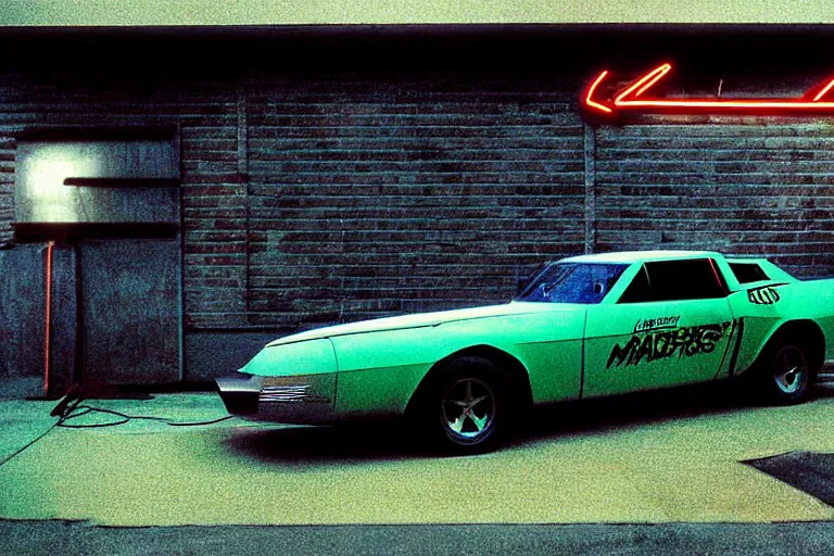 Image similar to designed by memphis group stylized poster of mad max's pursuit special, the last v 8 interceptor, thick neon lights, ektachrome photograph, volumetric lighting, f 8 aperture, cinematic eastman 5 3 8 4 film