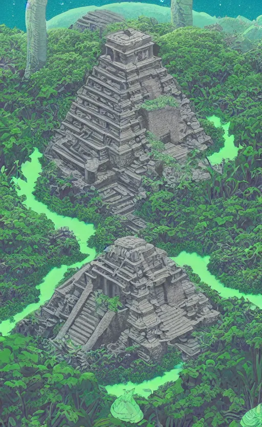 Image similar to a mayan temple, microscopic tardigrade, microbiology, flat, ruins, civilization, vegetation, large leaves, futuristic, sharp focus, electric swirls, backlight, risograph, intricate details, disney pixar, james gilleard, moebius, print, iridescent, global illumination, anime, game art