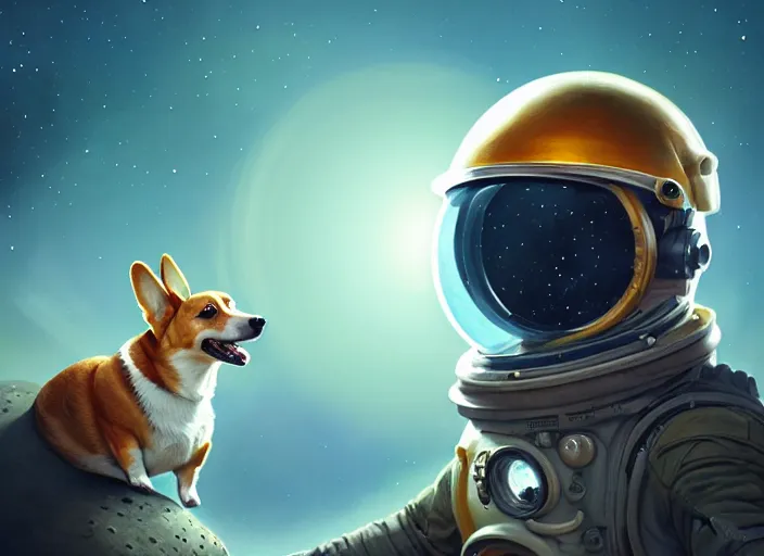 Prompt: highly detailed illustration of a corgi wearing a space helmet on an alien planet, artstation, cinematic lighting, hyperdetailed, cgsociety, 8k, high resolution, Charlie Bowater, Tom Bagshaw, Norman Rockwell, insanely detailed and intricate