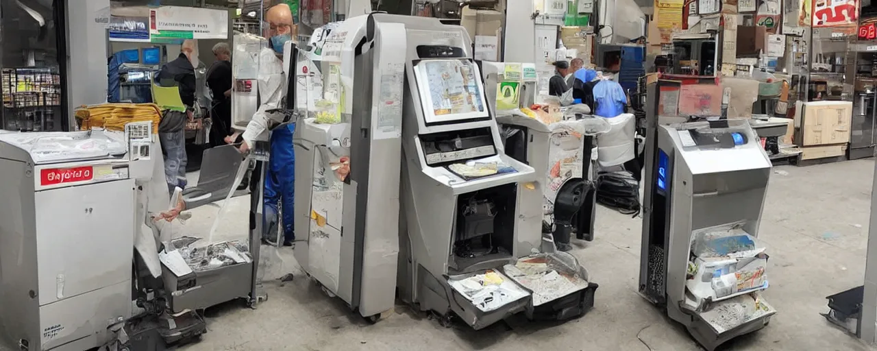 Prompt: a used up machine with artificial intelligence working as a dishwasher, holding a credit card in one hand and a cigarette in the other